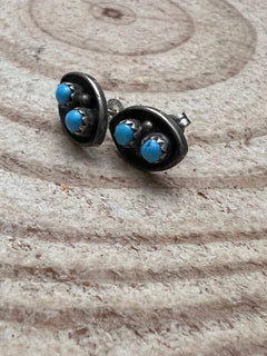 Small Turquoise Post Earrings with Turquoise - Cowhide and Conchos