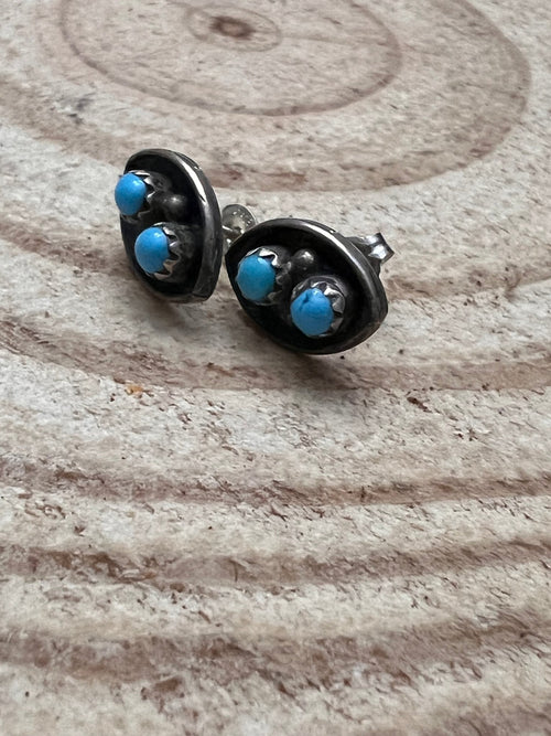 Small Turquoise Post Earrings with Turquoise - Cowhide and Conchos