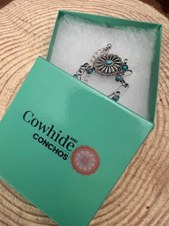 Soldered Faux Turquoise Chain Concho Bracelet with 3 inch extender - Cowhide and Conchos