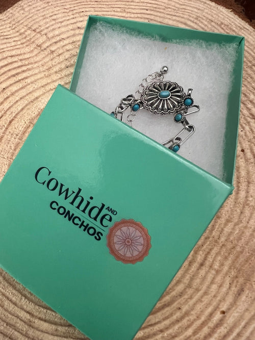 Soldered Faux Turquoise Chain Concho Bracelet with 3 inch extender - Cowhide and Conchos