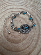 Soldered Faux Turquoise Chain Concho Bracelet with 3 inch extender - Cowhide and Conchos