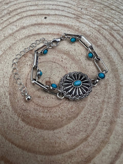 Soldered Faux Turquoise Chain Concho Bracelet with 3 inch extender - Cowhide and Conchos