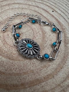 Soldered Faux Turquoise Chain Concho Bracelet with 3 inch extender - Cowhide and Conchos