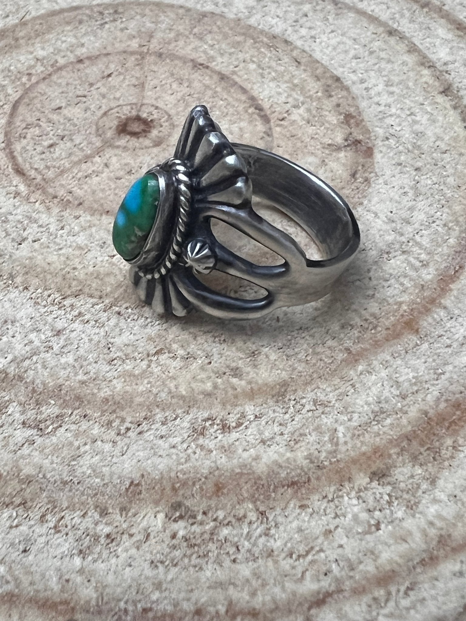 Sonoran Gold Sunray Ring by Victor Coriz - Size 9.5 - Cowhide and Conchos