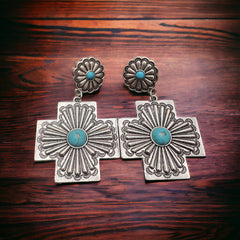 Southern Cross with Turquoise Dangle Earrings - Cowhide and Conchos