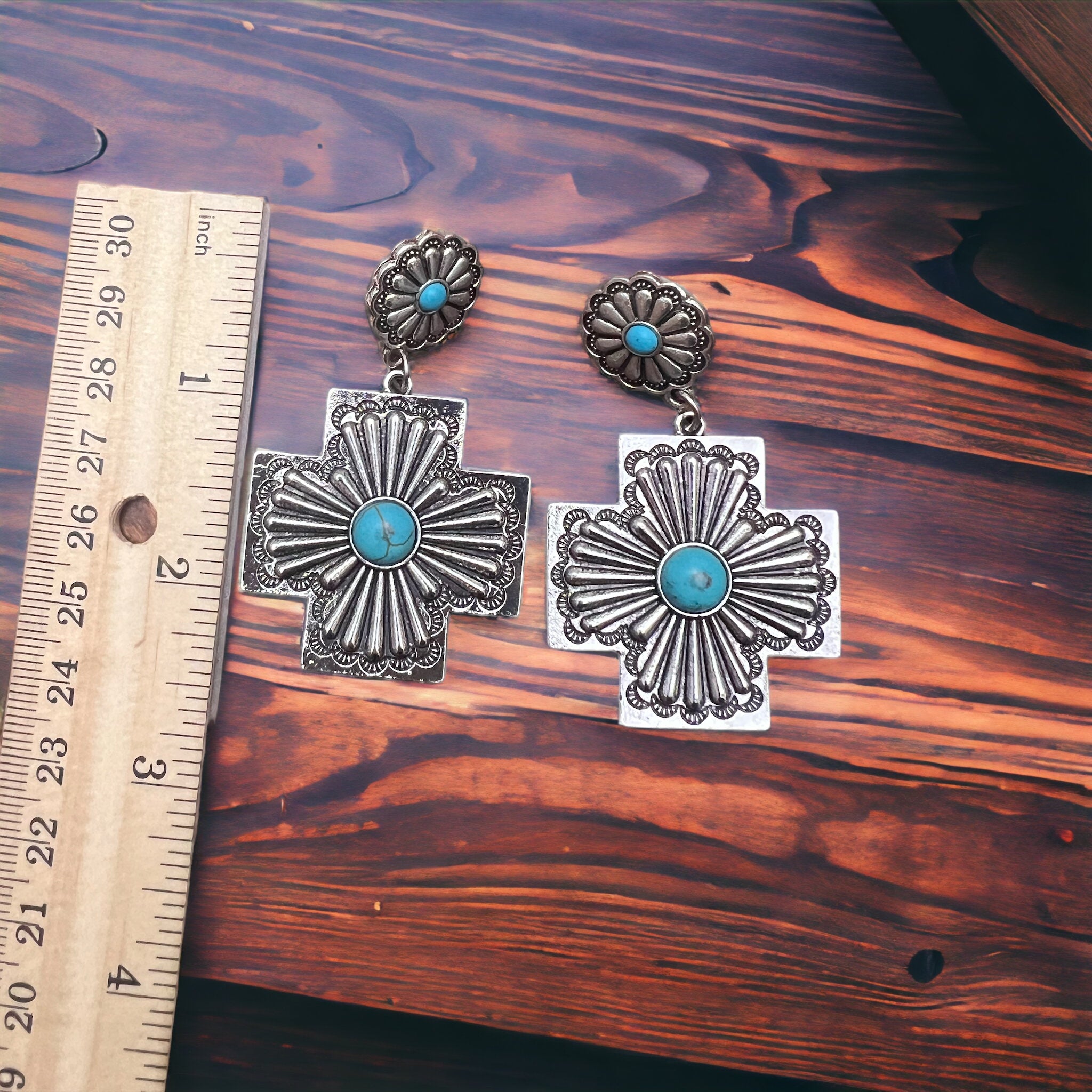 Southern Cross with Turquoise Dangle Earrings - Cowhide and Conchos