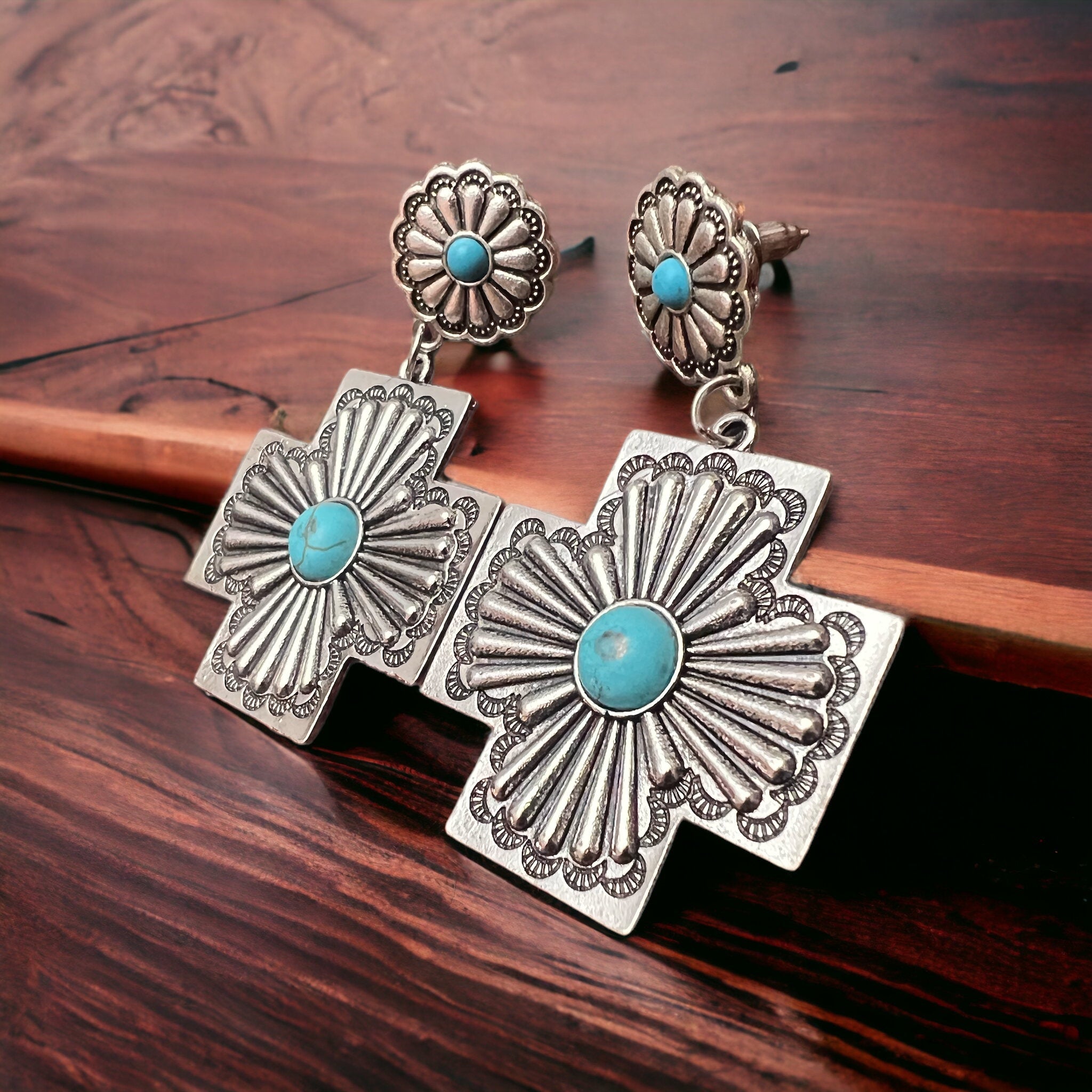 Southern Cross with Turquoise Dangle Earrings - Cowhide and Conchos