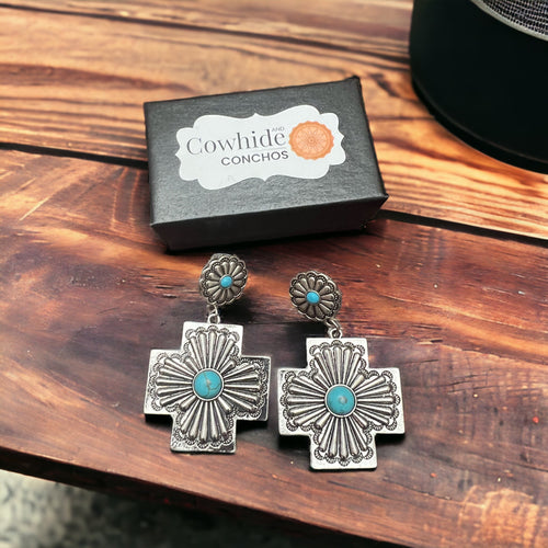 Southern Cross with Turquoise Dangle Earrings - Cowhide and Conchos