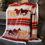 Southwest Running Horse Country Plush Fur Sherpa Fleece Throw Blanket - Cowhide and Conchos