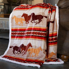 Southwest Running Horse Country Plush Fur Sherpa Fleece Throw Blanket - Cowhide and Conchos
