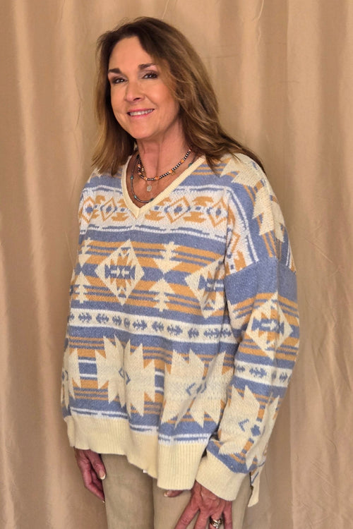 Southwestern Knit Sweater - Cowhide and Conchos