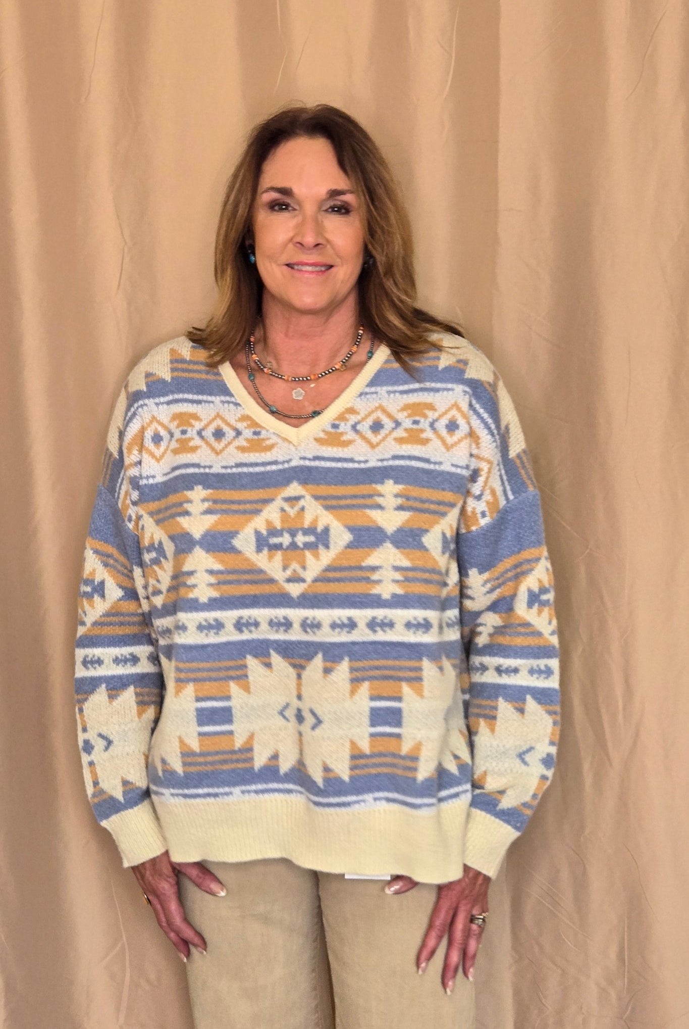 Southwestern Knit Sweater - Cowhide and Conchos