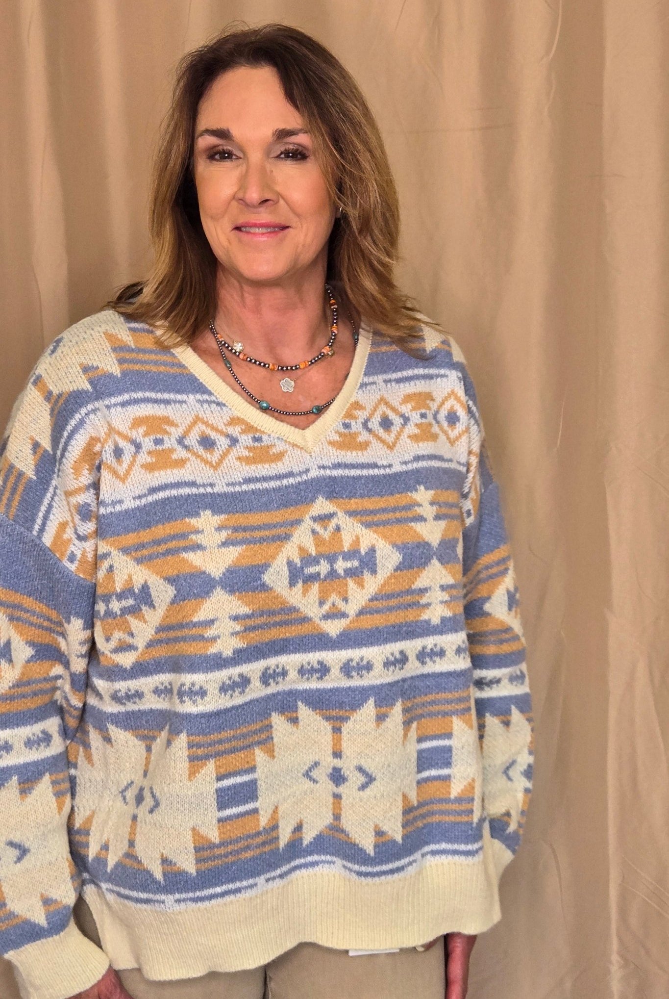 Southwestern Knit Sweater - Cowhide and Conchos