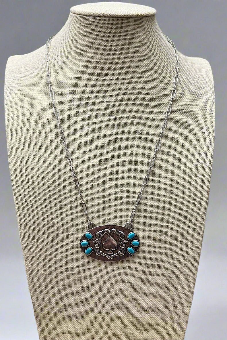 Spade and Faux Turquoise - 18 inch necklace - Cowhide and Conchos