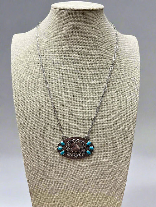 Spade and Faux Turquoise - 18 inch necklace - Cowhide and Conchos