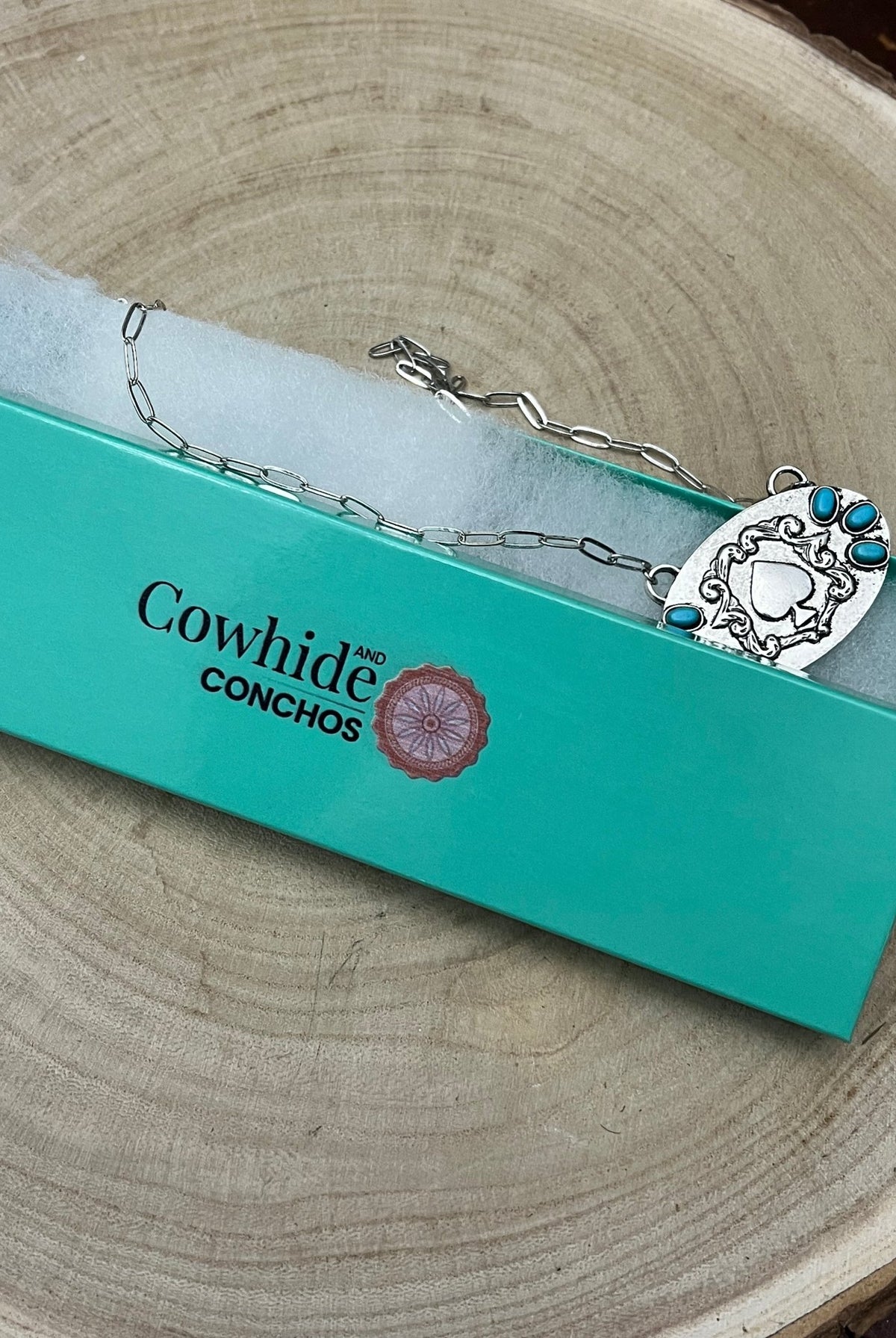 Spade and Faux Turquoise - 18 inch necklace - Cowhide and Conchos