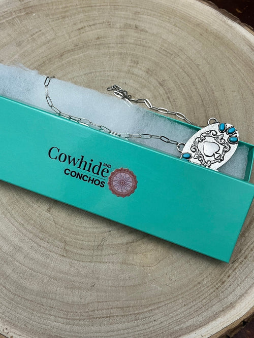 Spade and Faux Turquoise - 18 inch necklace - Cowhide and Conchos
