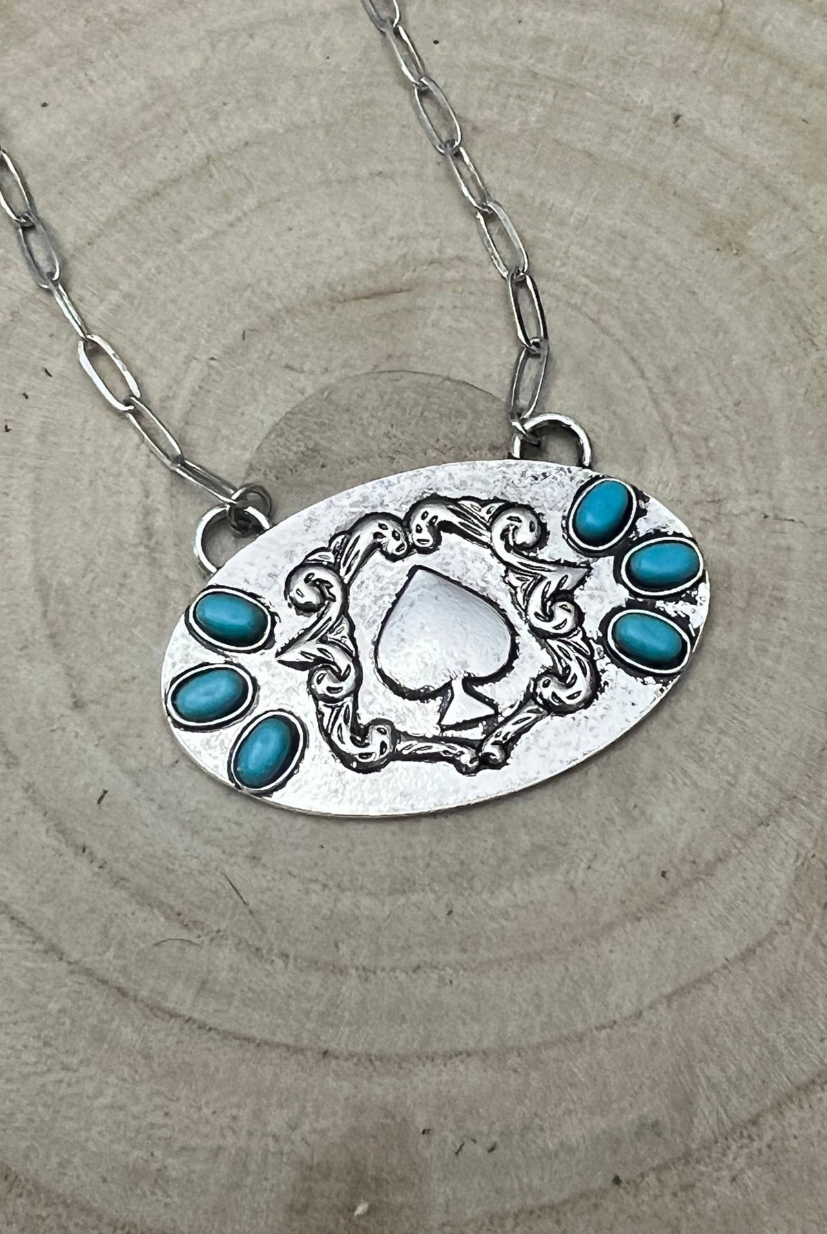 Spade and Faux Turquoise - 18 inch necklace - Cowhide and Conchos