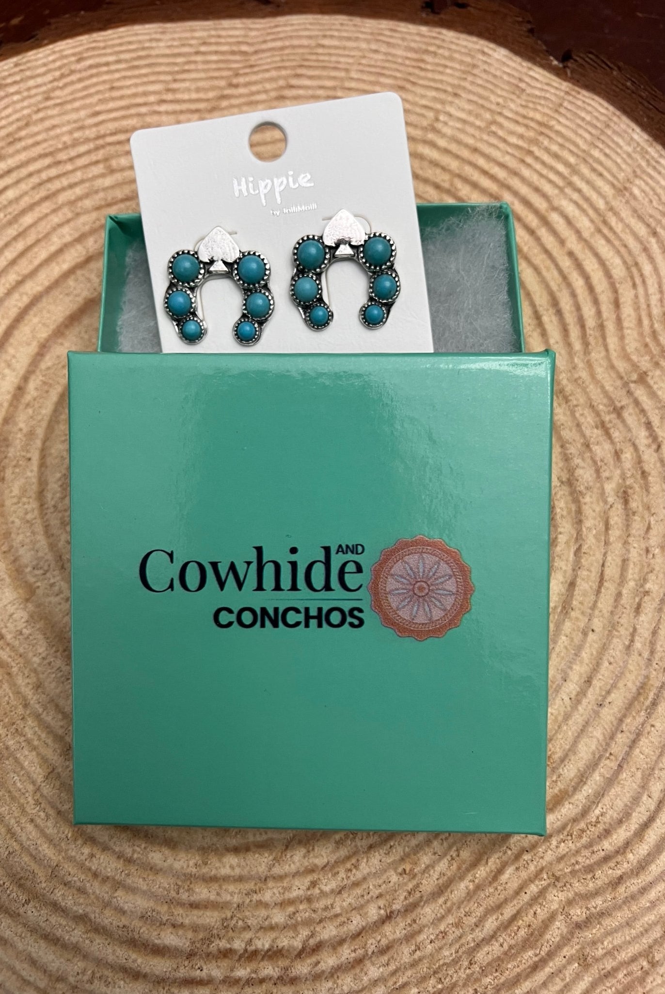 Spade and Faux Turquoise Squash Blossom Earrings - 1 inch drop - Cowhide and Conchos