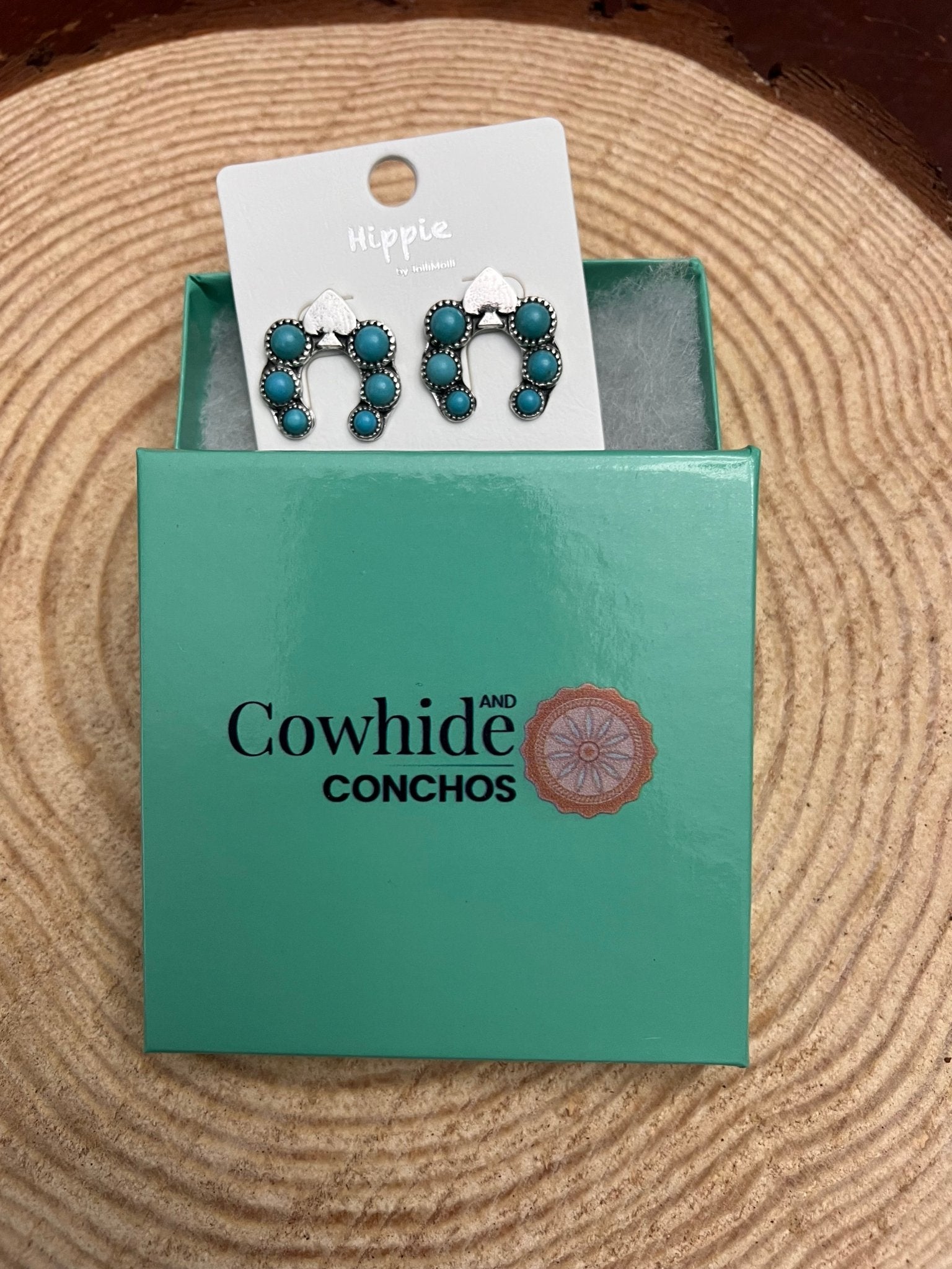 Spade and Faux Turquoise Squash Blossom Earrings - 1 inch drop - Cowhide and Conchos