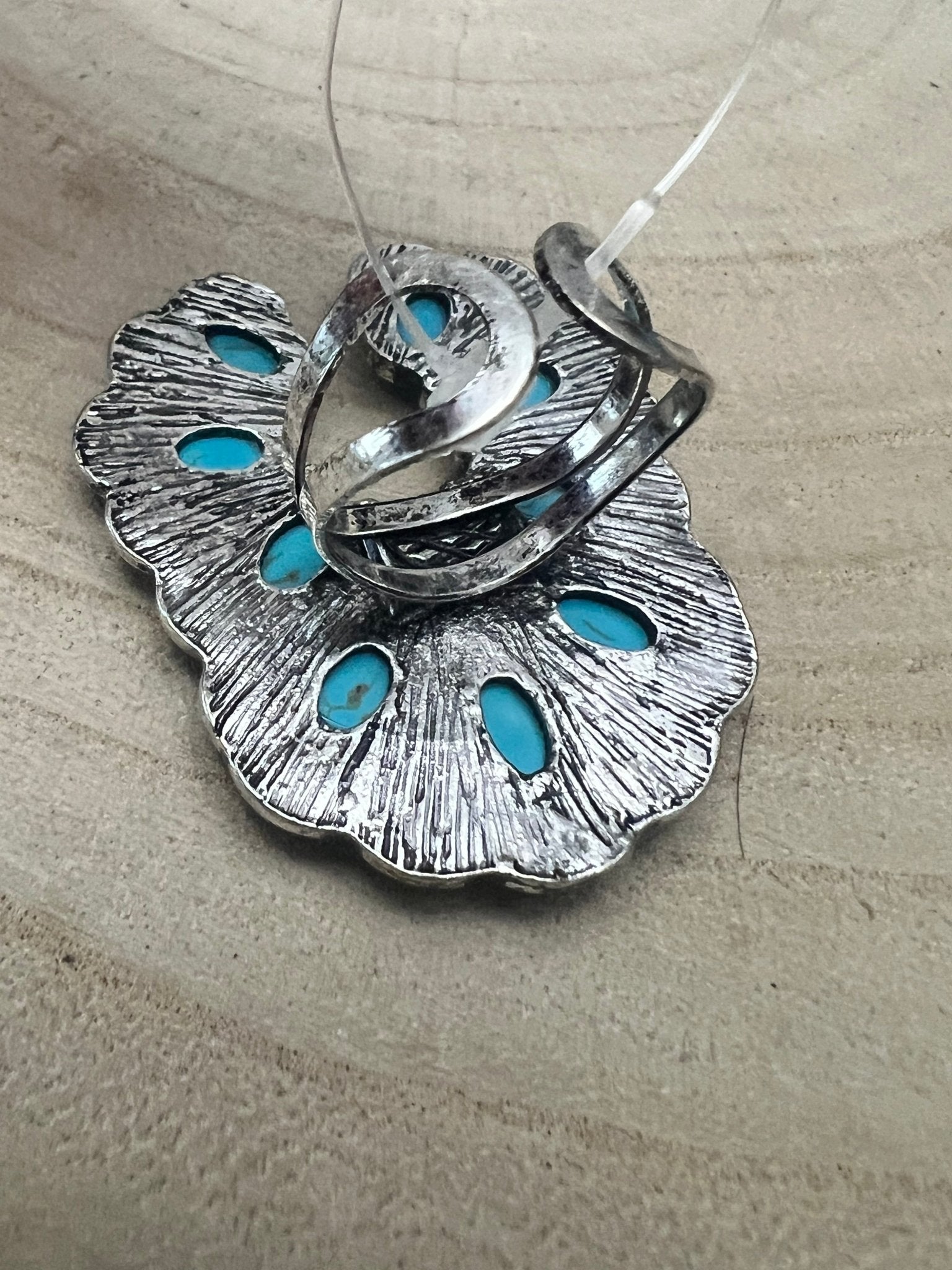 Squash Blossom Adjustable Ring with Faux Turquoise and Faux Opals - Cowhide and Conchos