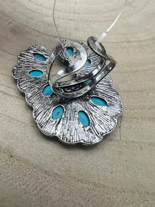 Squash Blossom Adjustable Ring with Faux Turquoise and Faux Opals - Cowhide and Conchos