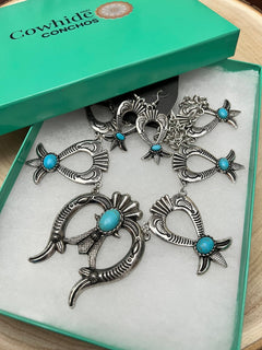 Squash Blossom and Faux Turquoise & Earring Set - 24 inch necklace - Cowhide and Conchos