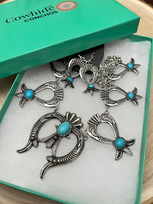 Squash Blossom and Faux Turquoise & Earring Set - 24 inch necklace - Cowhide and Conchos