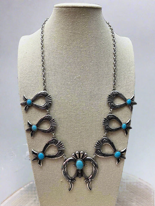 Squash Blossom and Faux Turquoise & Earring Set - 24 inch necklace - Cowhide and Conchos