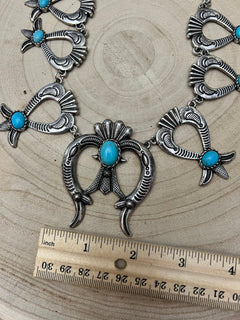 Squash Blossom and Faux Turquoise & Earring Set - 24 inch necklace - Cowhide and Conchos