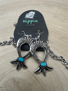 Squash Blossom and Faux Turquoise & Earring Set - 24 inch necklace - Cowhide and Conchos