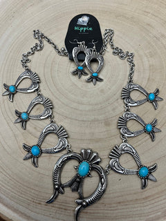 Squash Blossom and Faux Turquoise & Earring Set - 24 inch necklace - Cowhide and Conchos