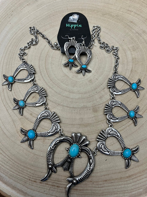 Squash Blossom and Faux Turquoise & Earring Set - 24 inch necklace - Cowhide and Conchos