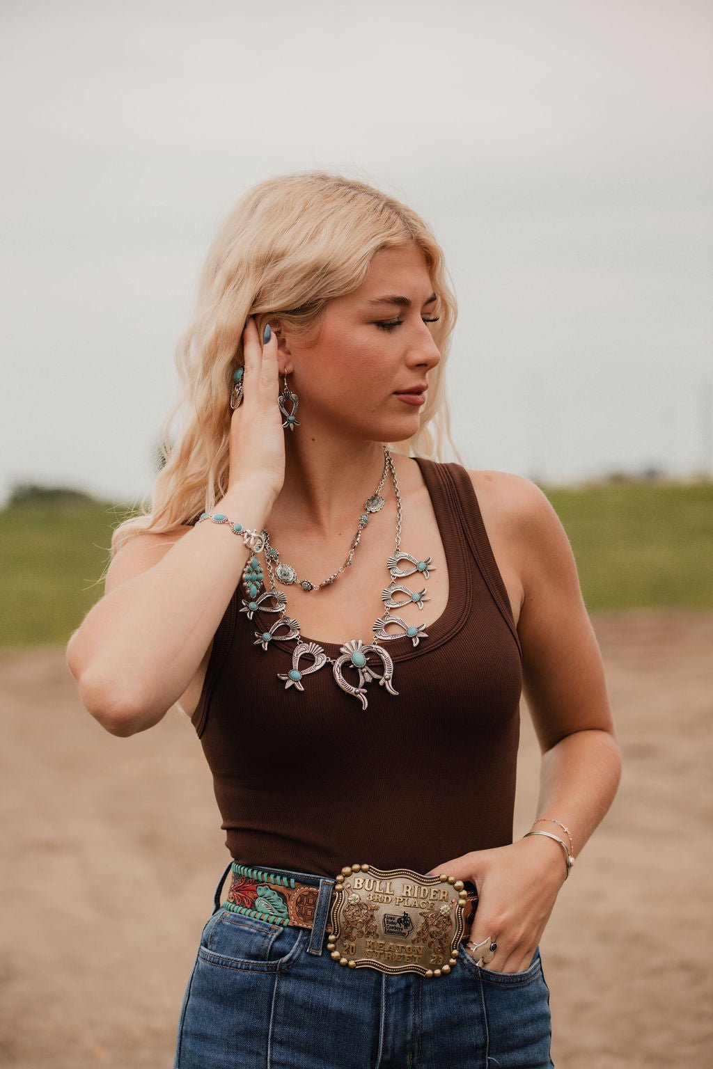 Squash Blossom and Faux Turquoise & Earring Set - 24 inch necklace - Cowhide and Conchos
