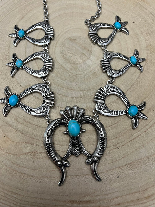 Squash Blossom and Faux Turquoise & Earring Set - 24 inch necklace - Cowhide and Conchos