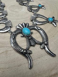 Squash Blossom and Faux Turquoise & Earring Set - 24 inch necklace - Cowhide and Conchos