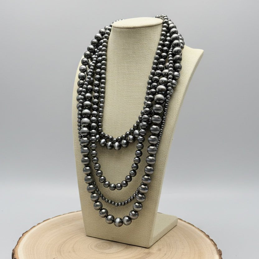 Statement Faux Sterling Pearl Layered Necklace & Earring Set - Cowhide and Conchos