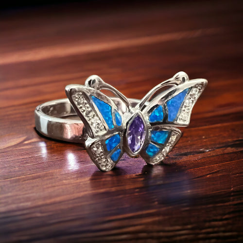Sterling Butterfly Ring with Opalite inlay and CZ - Size 10 - Cowhide and Conchos