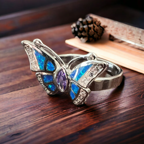 Sterling Butterfly Ring with Opalite inlay and CZ - Size 10 - Cowhide and Conchos