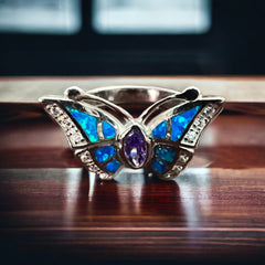 Sterling Butterfly Ring with Opalite inlay and CZ - Size 10 - Cowhide and Conchos
