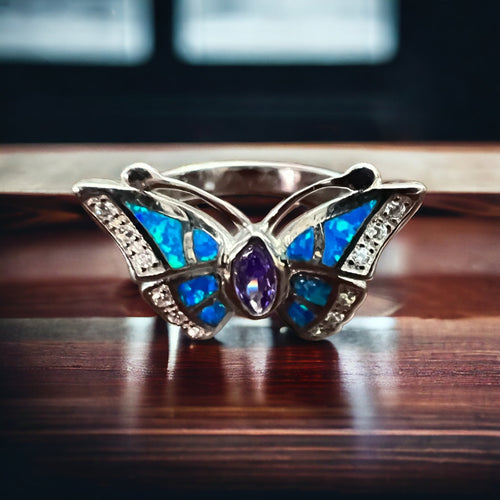 Sterling Butterfly Ring with Opalite inlay and CZ - Size 10 - Cowhide and Conchos