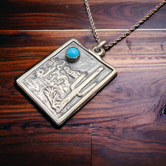 Sterling Cactus Desert Scenery Pendant with Kingman Turquoise - Cowhide and Conchos