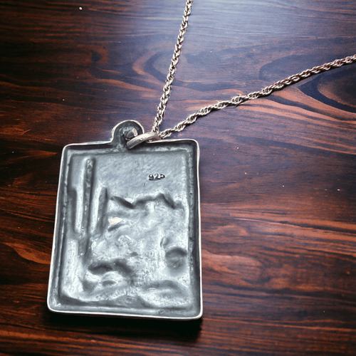 Sterling Cactus Desert Scenery Pendant with Kingman Turquoise - Cowhide and Conchos