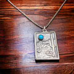 Sterling Cactus Desert Scenery Pendant with Kingman Turquoise - Cowhide and Conchos