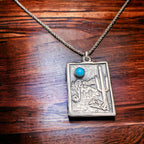 Sterling Cactus Desert Scenery Pendant with Kingman Turquoise - Cowhide and Conchos