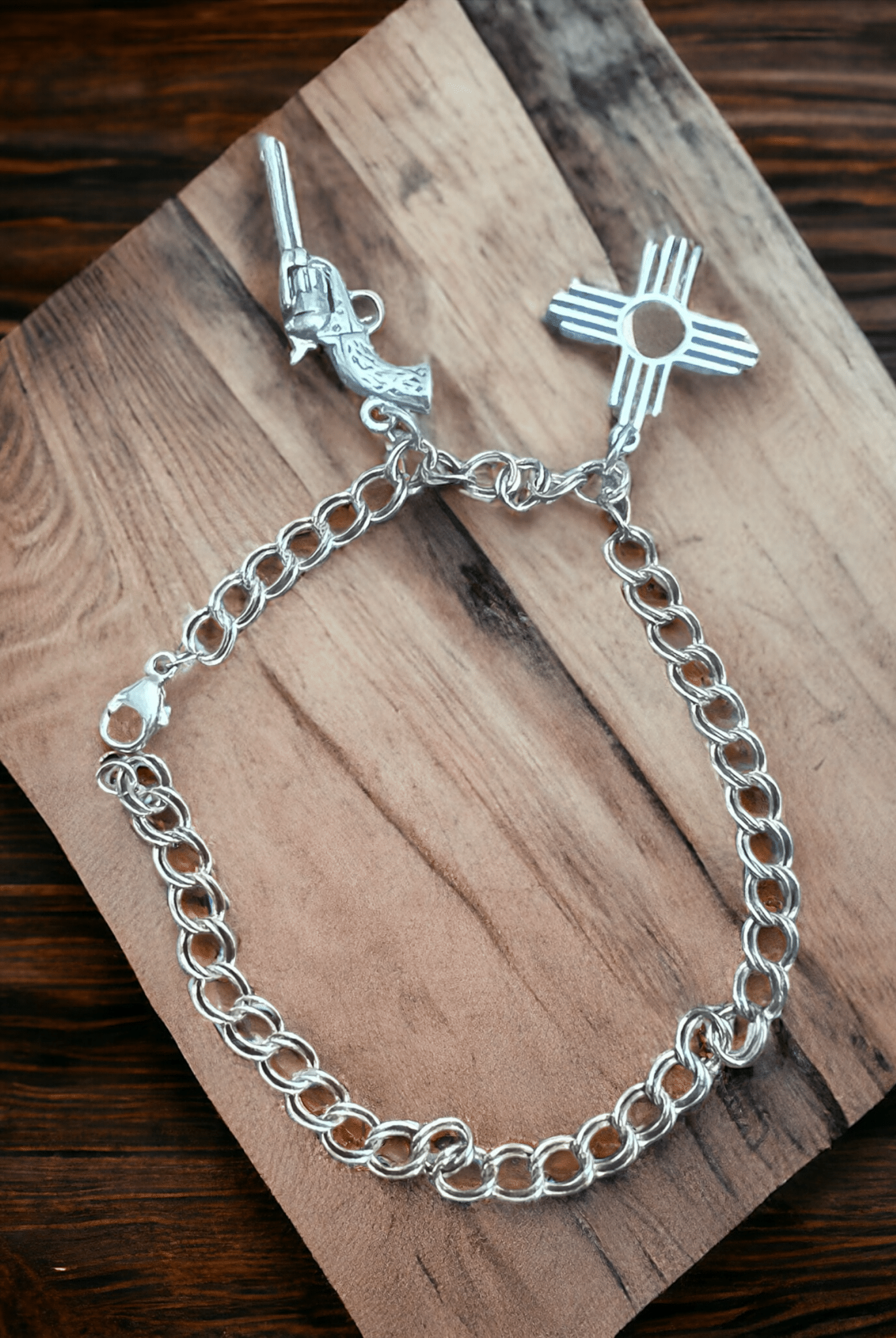 Sterling Charm Bracelet - 4.2 mm width - 7 inch length - Cowhide and Conchos