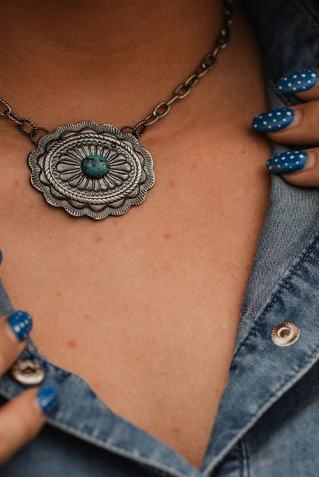 Sterling Concho and Kingman Turquoise Necklace - 18 inch - Cowhide and Conchos