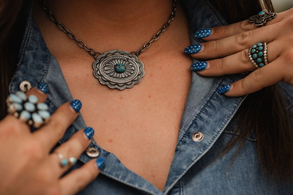 Sterling Concho and Kingman Turquoise Necklace - 18 inch - Cowhide and Conchos