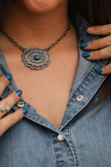 Sterling Concho and Kingman Turquoise Necklace - 18 inch - Cowhide and Conchos