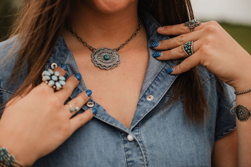 Sterling Concho and Kingman Turquoise Necklace - 18 inch - Cowhide and Conchos